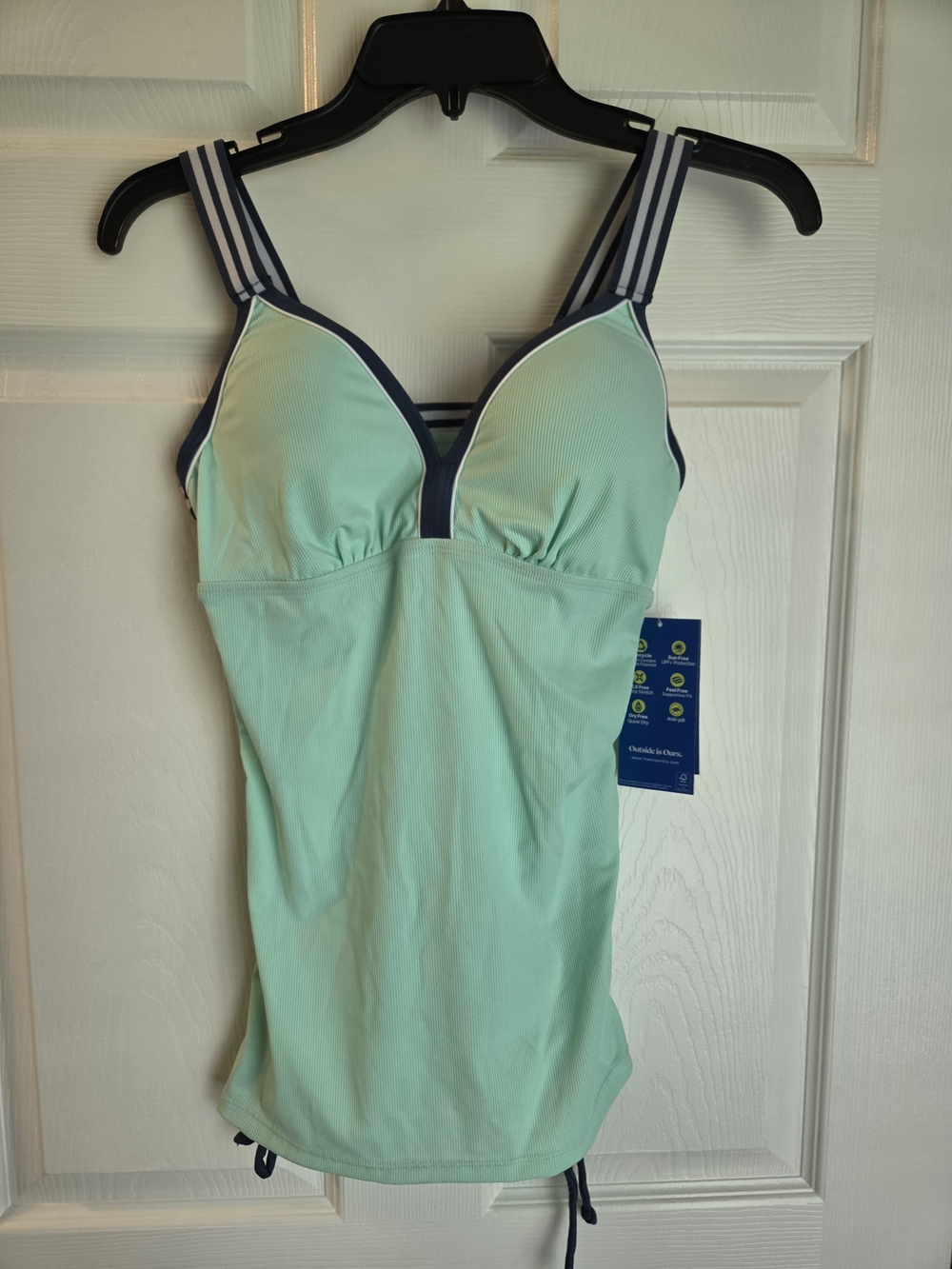 Free Country NWT Mint Green Tankini Swim Top with Navy Striped Trim